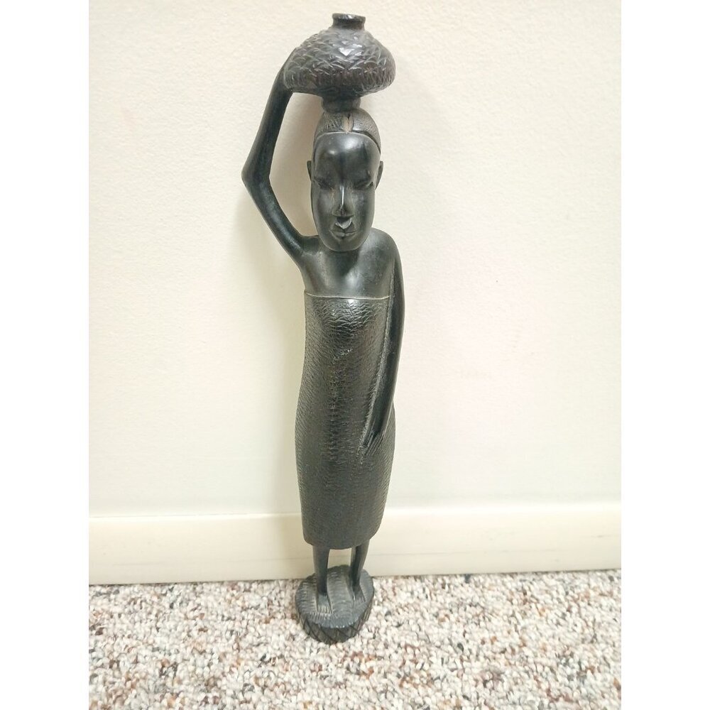 Ebony Hand Carved Wood Sculpture 14 1/2" H - Woman Tribal Figure - Kenyan Besmo